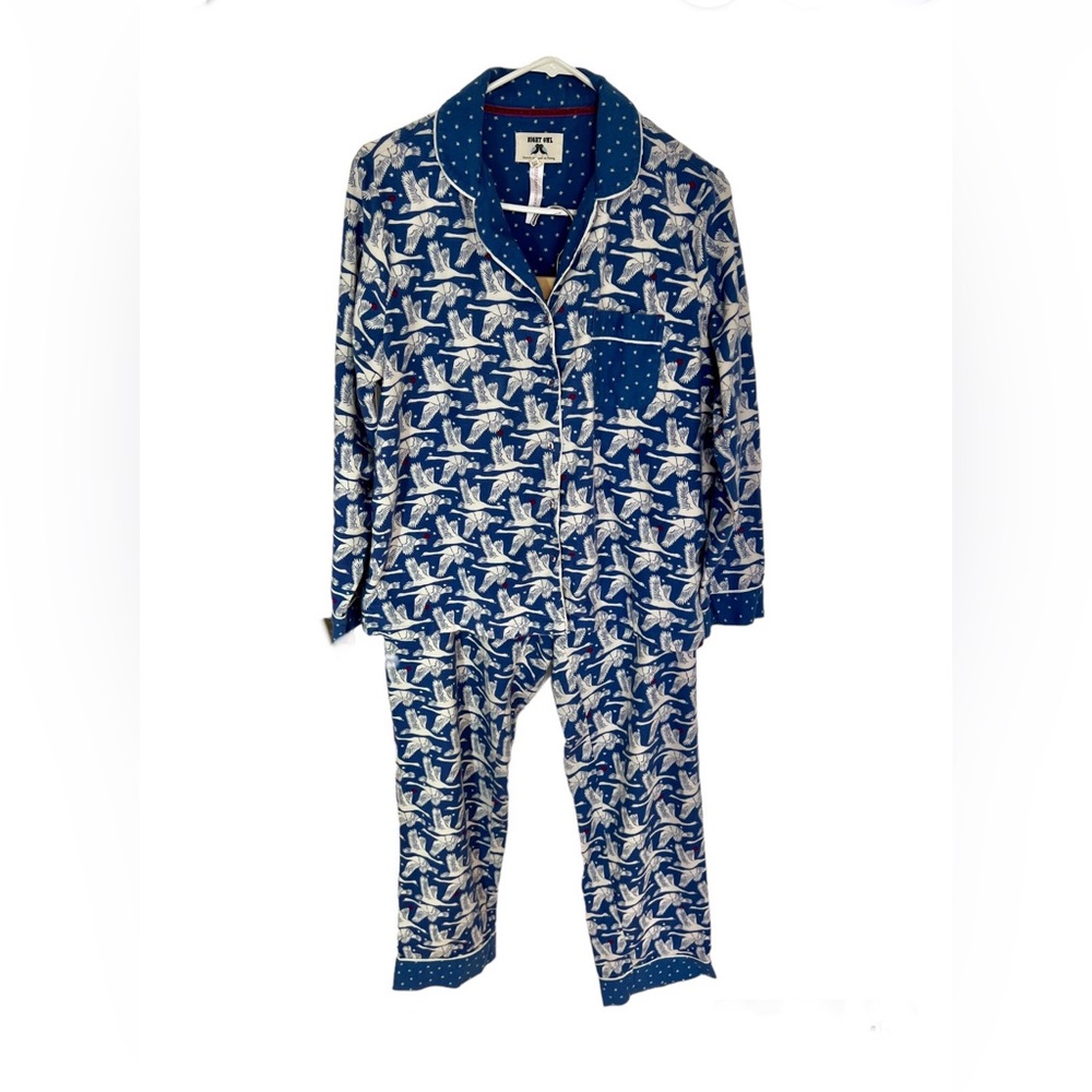 White Stuff Pocket Flannel Cotton Birds Print Pajama Set Blue Women’s Size Small